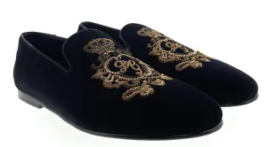 Dolce & Gabbana Mens Black Velvet  Embroidered Crest Loafer Slip-On Shoes-EU40