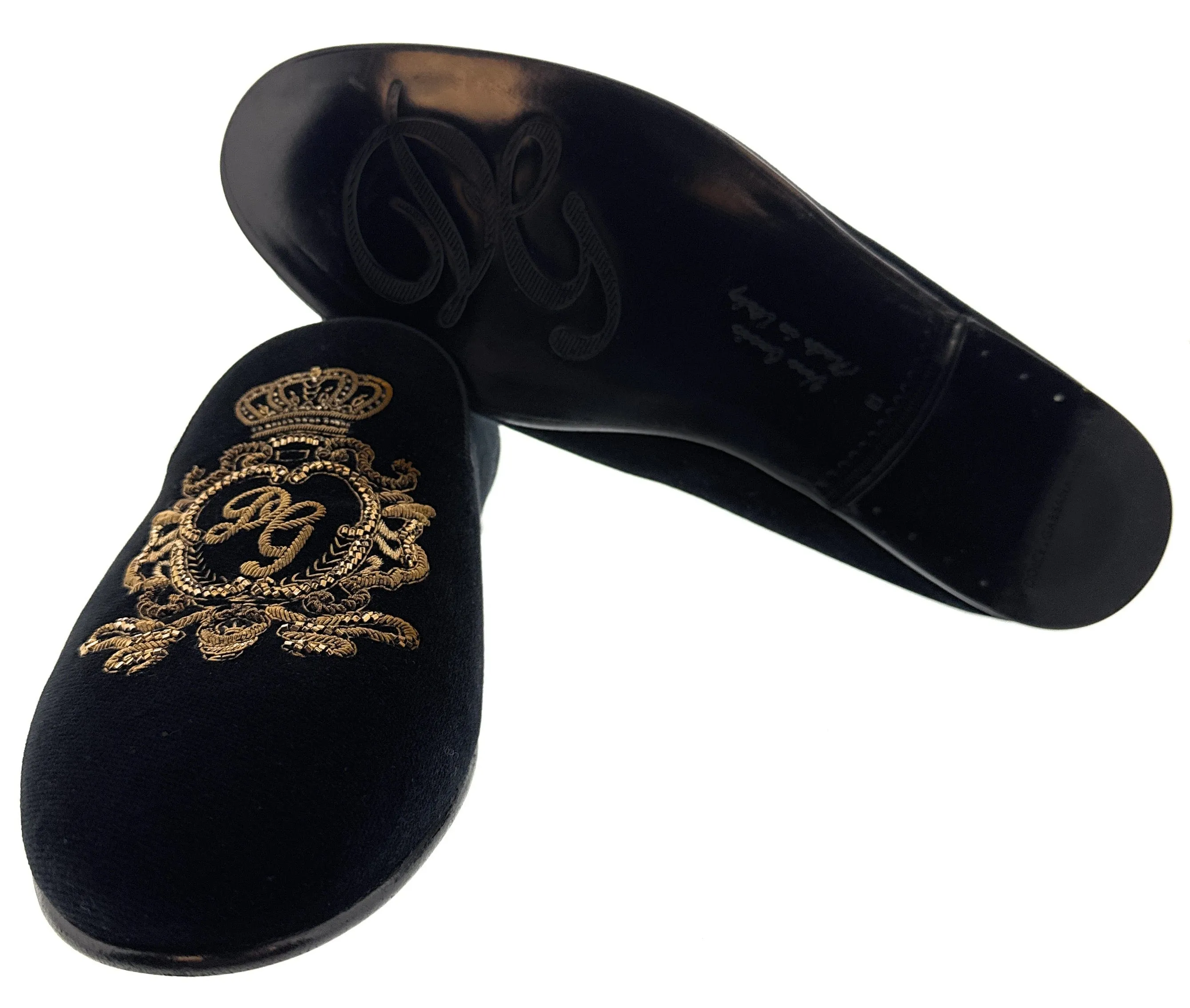 Dolce & Gabbana Mens Black Velvet  Embroidered Crest Loafer Slip-On Shoes-EU40