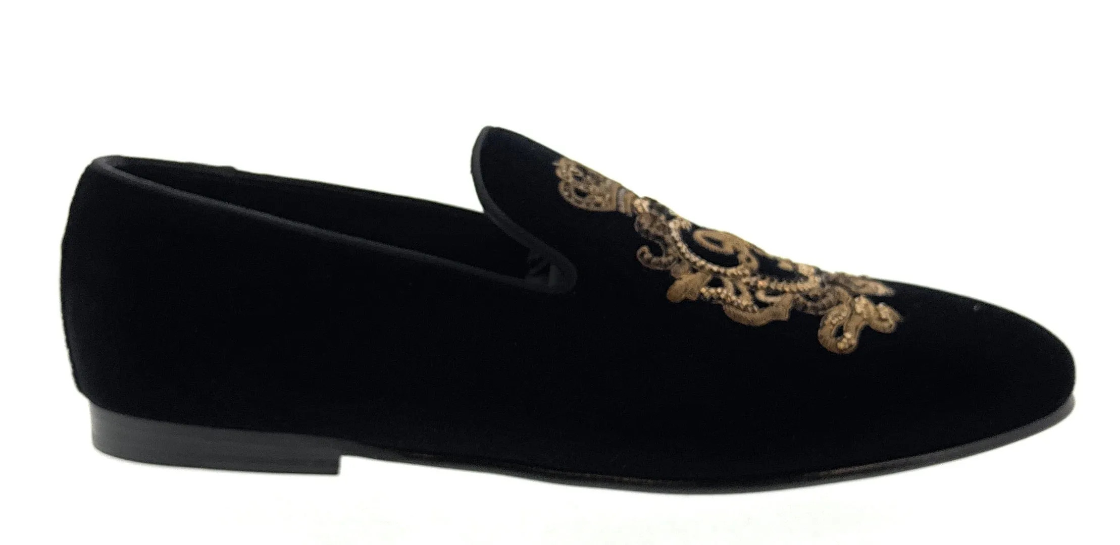 Dolce & Gabbana Mens Black Velvet  Embroidered Crest Loafer Slip-On Shoes-EU40