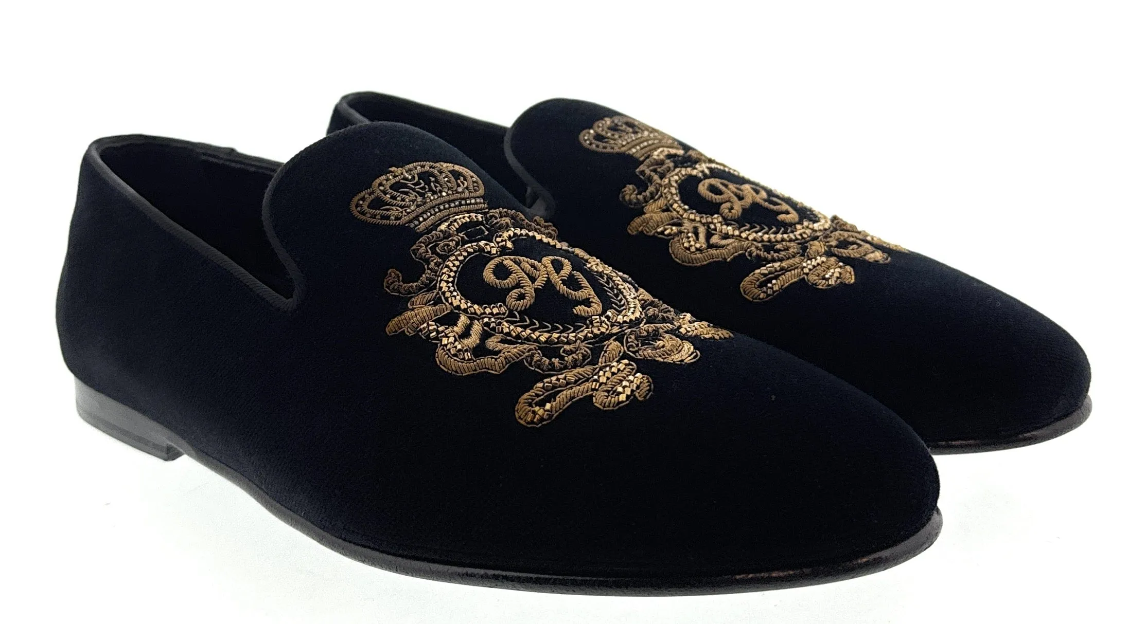 Dolce & Gabbana Mens Black Velvet  Embroidered Crest Loafer Slip-On Shoes-EU40
