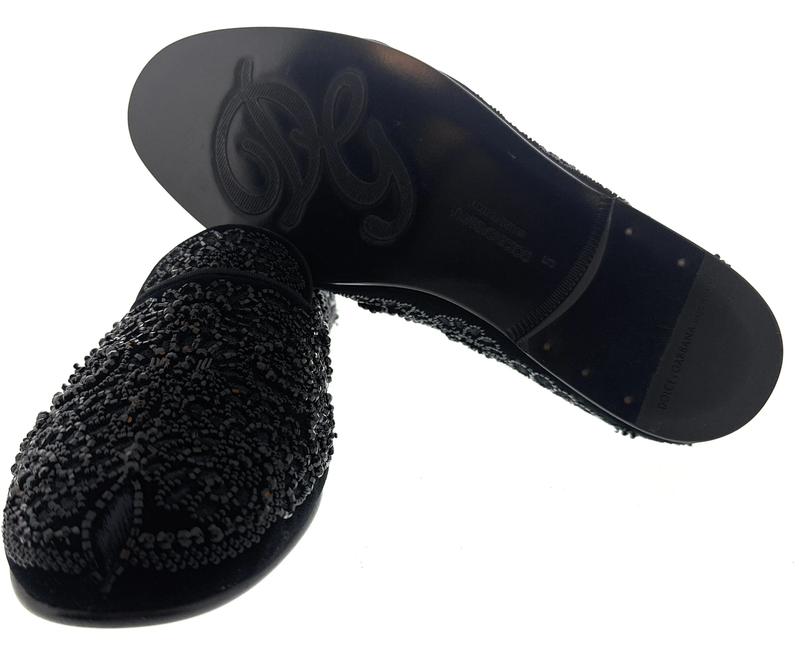 Dolce & Gabbana Mens Black Velvet  Embroidered Crest Loafer Slip-On Shoes-EU40