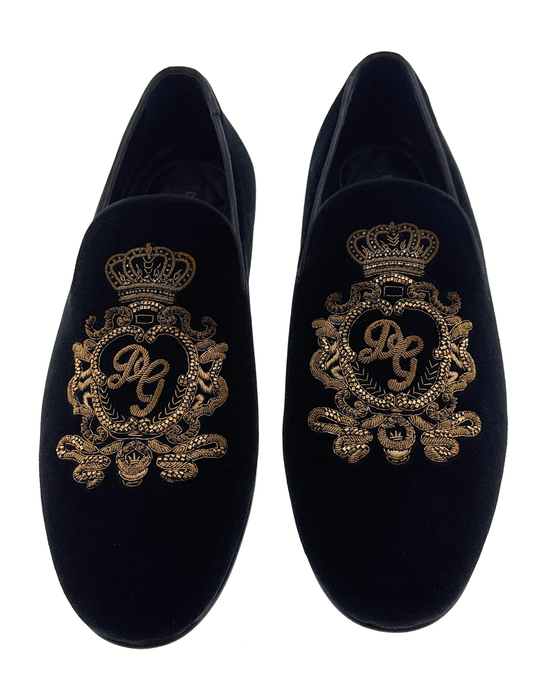 Dolce & Gabbana Mens Black Velvet  Embroidered Crest Loafer Slip-On Shoes-EU40