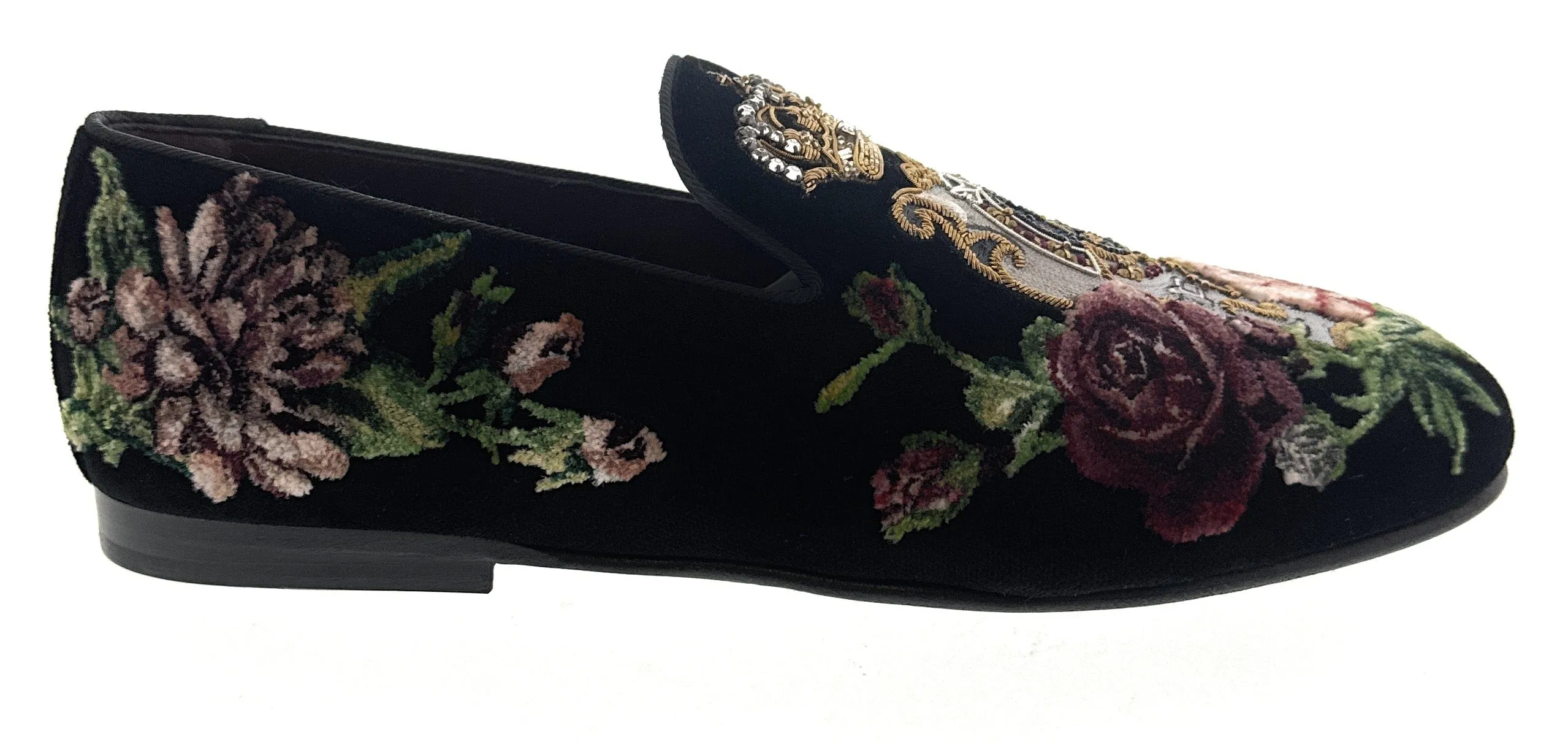 Dolce & Gabbana Mens Black Velvet Embroidered Loafer Slip-On Dress Shoes-EU40.5