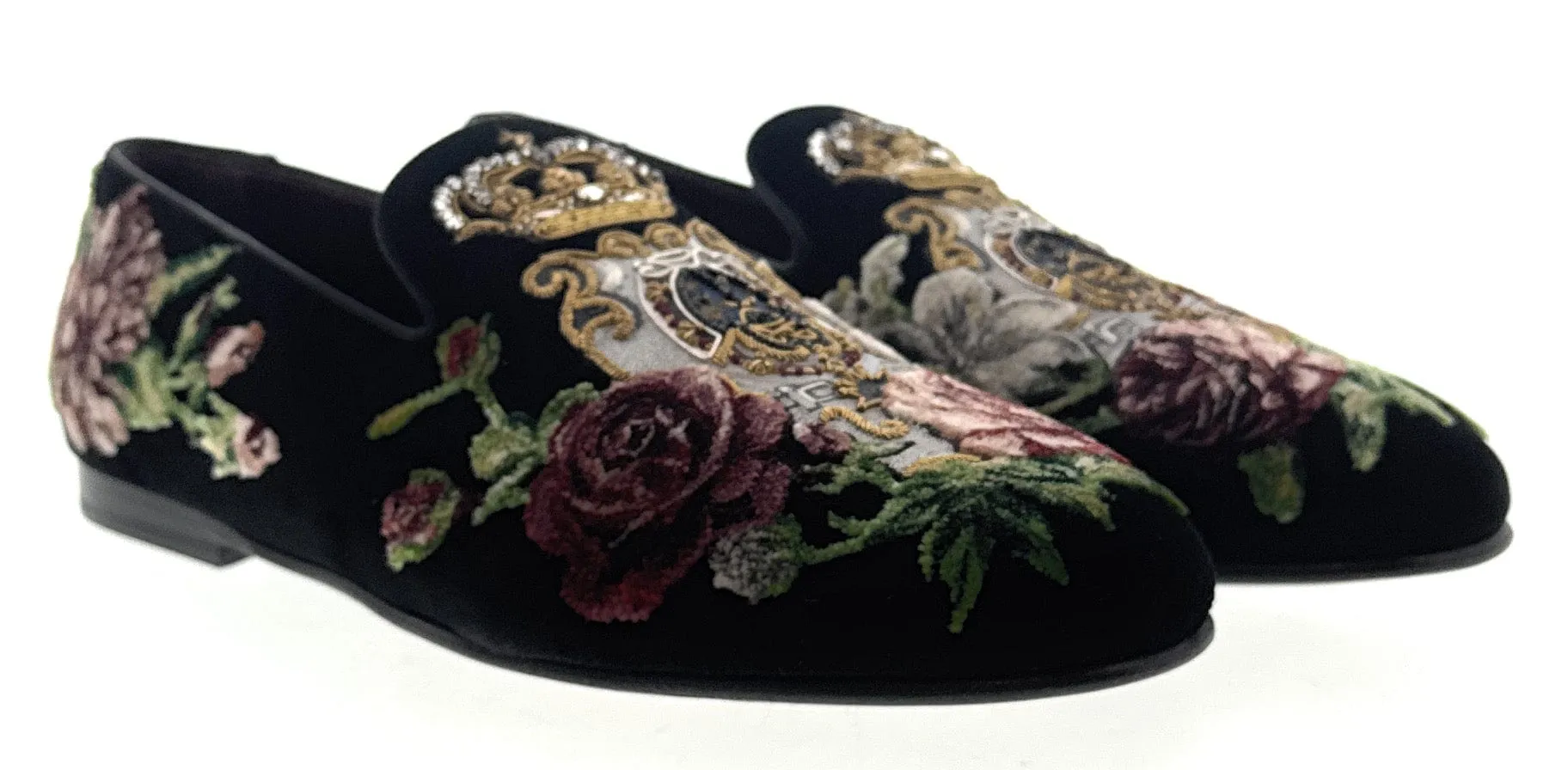 Dolce & Gabbana Mens Black Velvet Embroidered Loafer Slip-On Dress Shoes-EU40.5