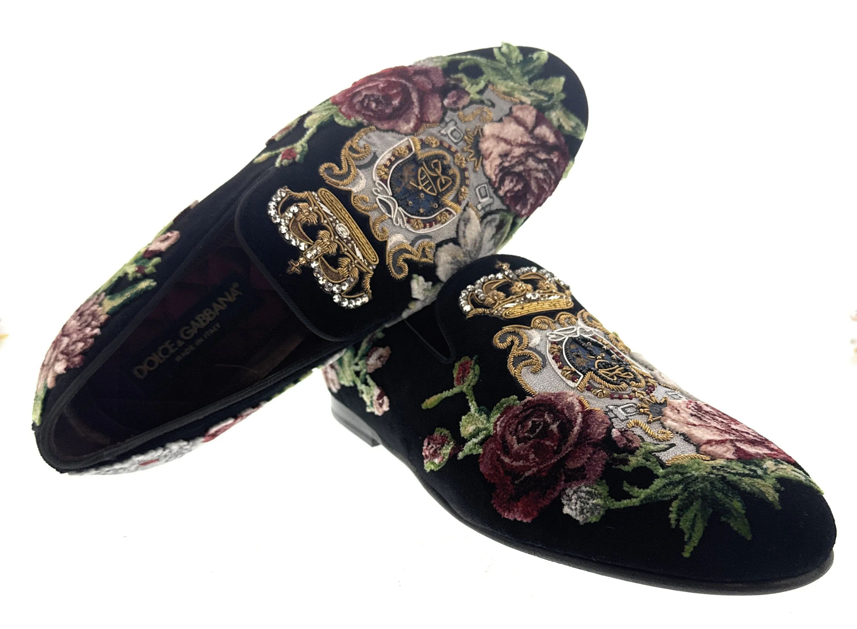 Dolce & Gabbana Mens Black Velvet Embroidered Loafer Slip-On Dress Shoes-EU40.5