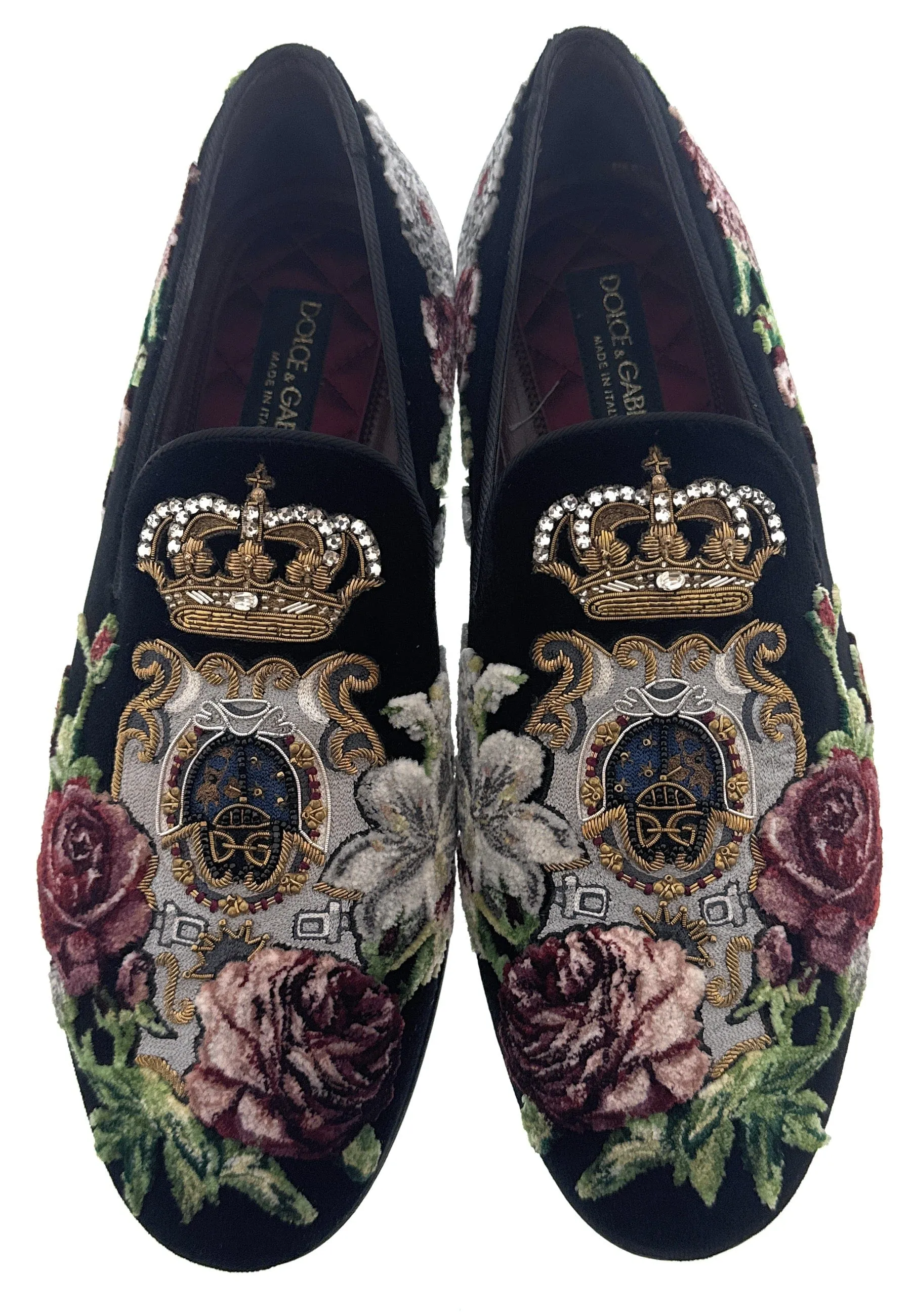Dolce & Gabbana Mens Black Velvet Embroidered Loafer Slip-On Dress Shoes-EU40.5