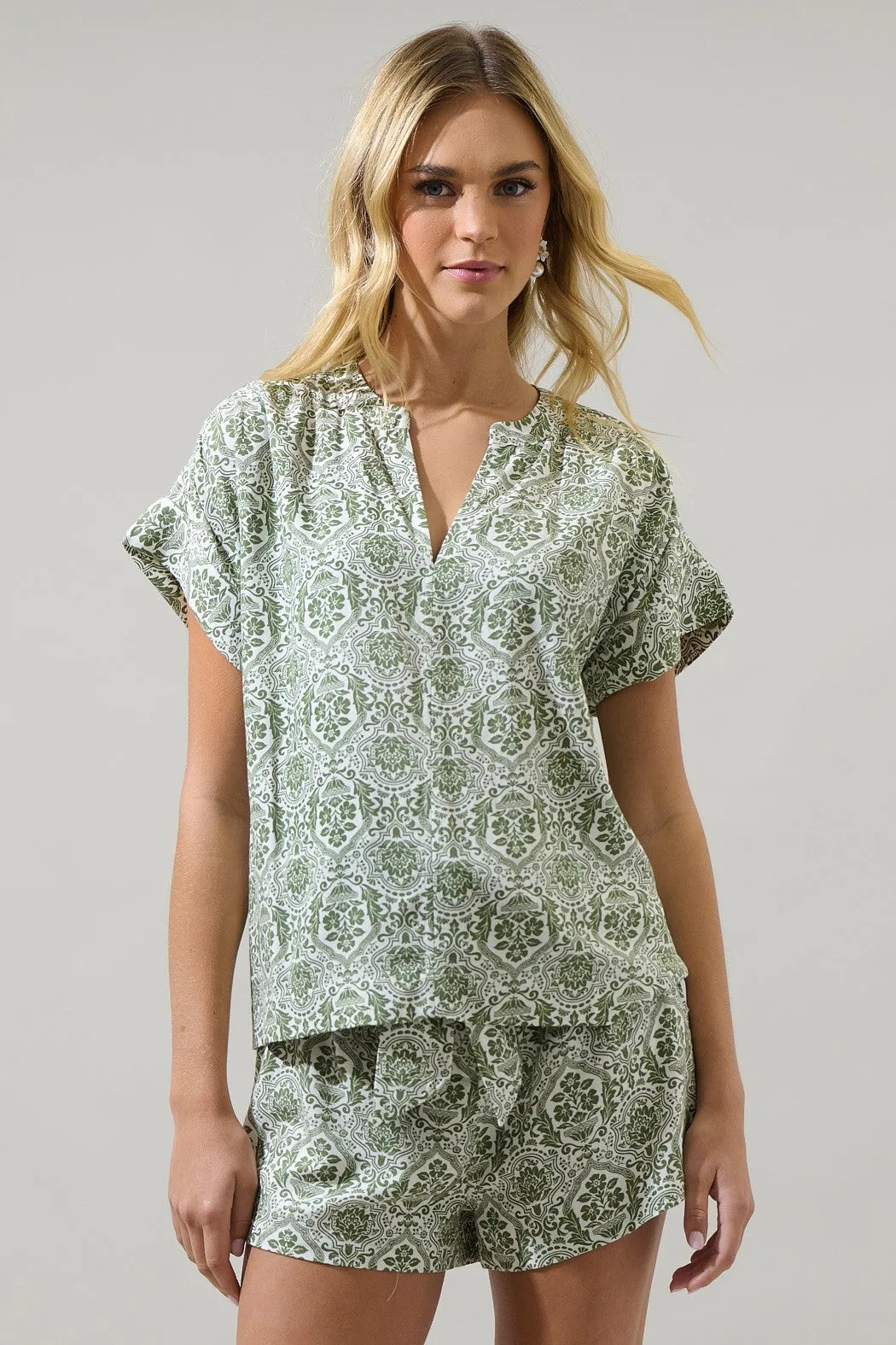 Estrada Floral Miah Split Neck Blouse