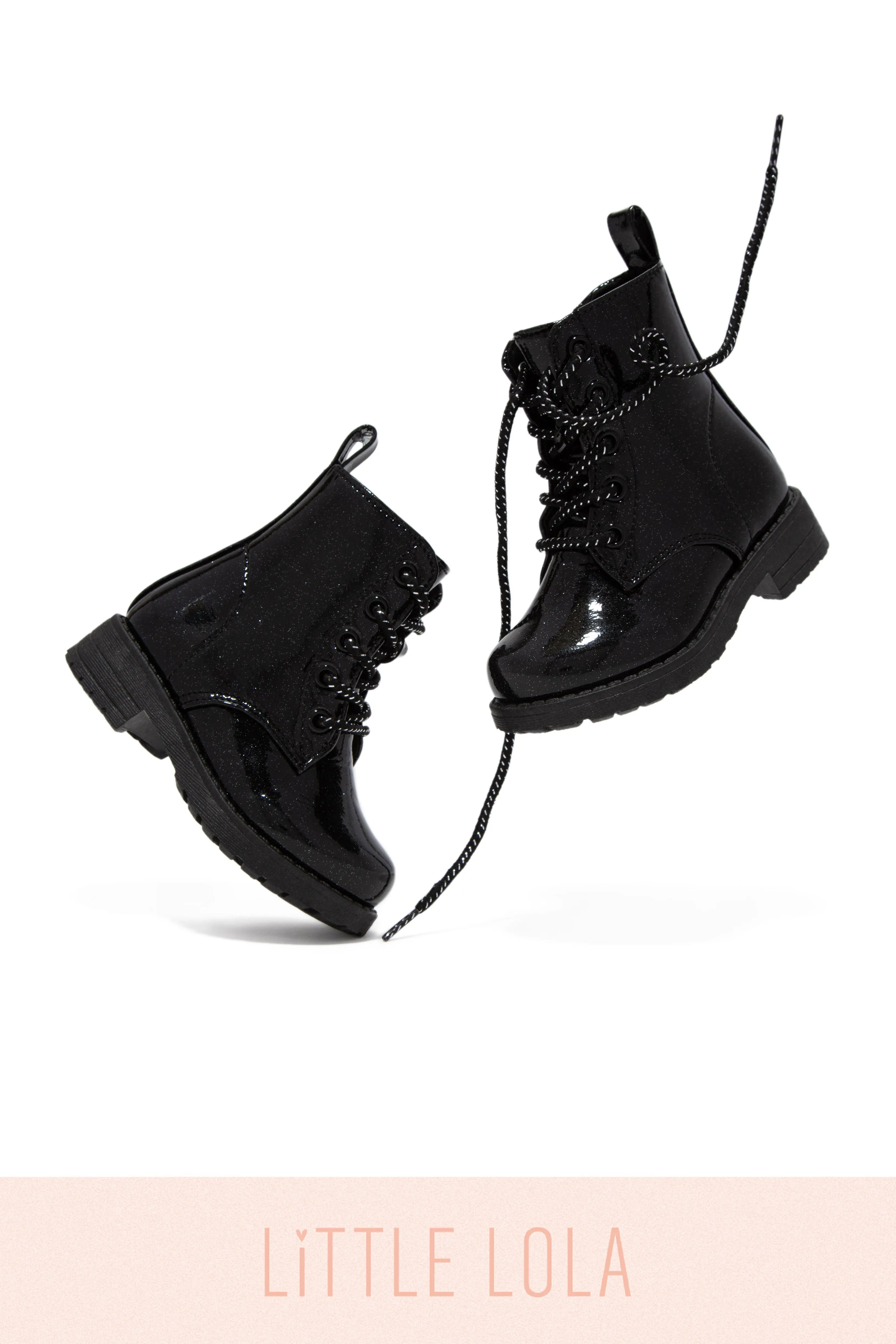 Mini Attitude Kids Glitter Lace Up Combat Boots - Black