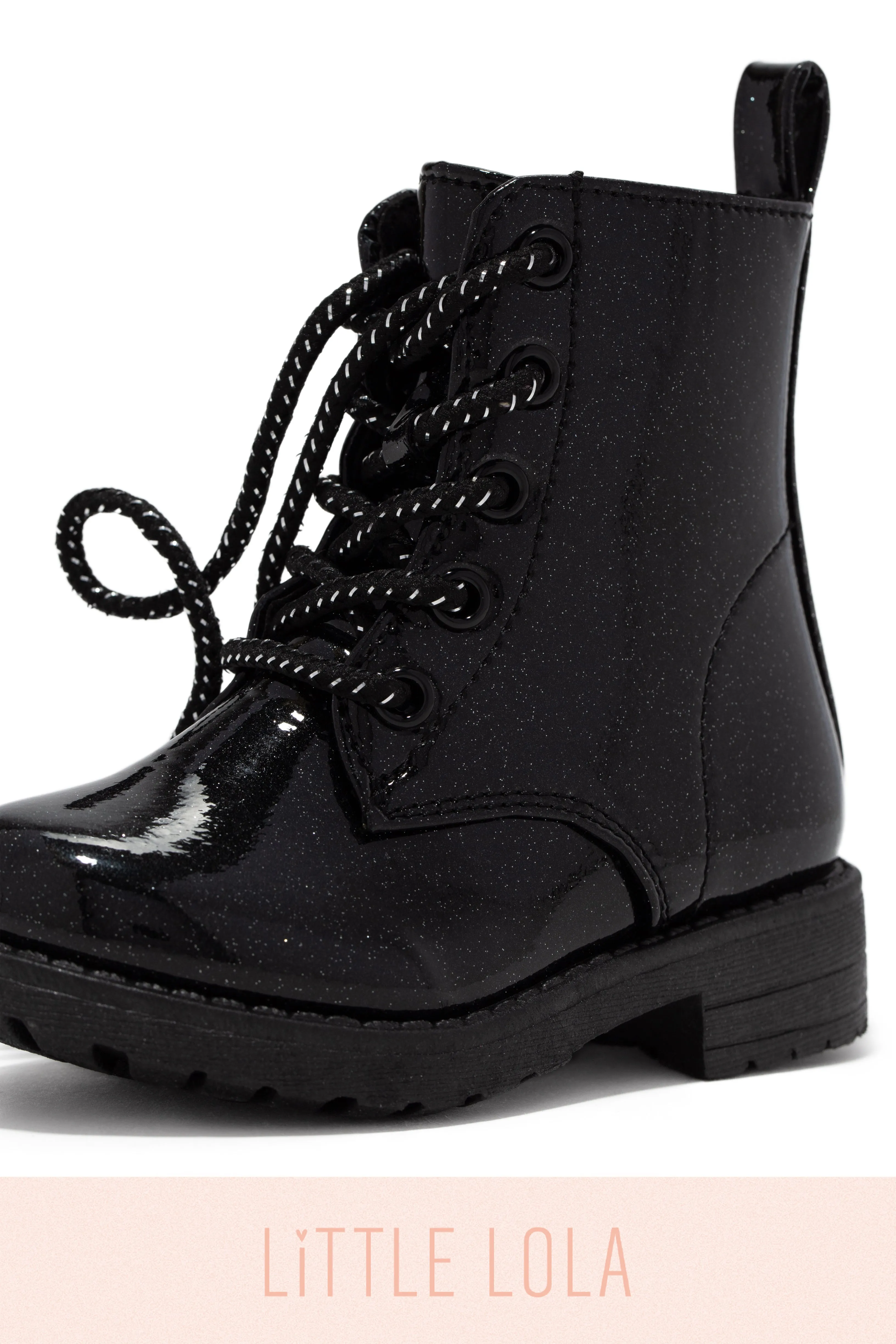 Mini Attitude Kids Glitter Lace Up Combat Boots - Black