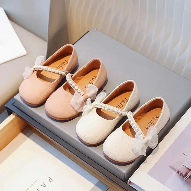 New Girl Princess Leather Shoes Chic Versatile Soft Elegant Fashion Lace Bowknot Beading Kid Loafers Wedding Slip-on Mary Janes