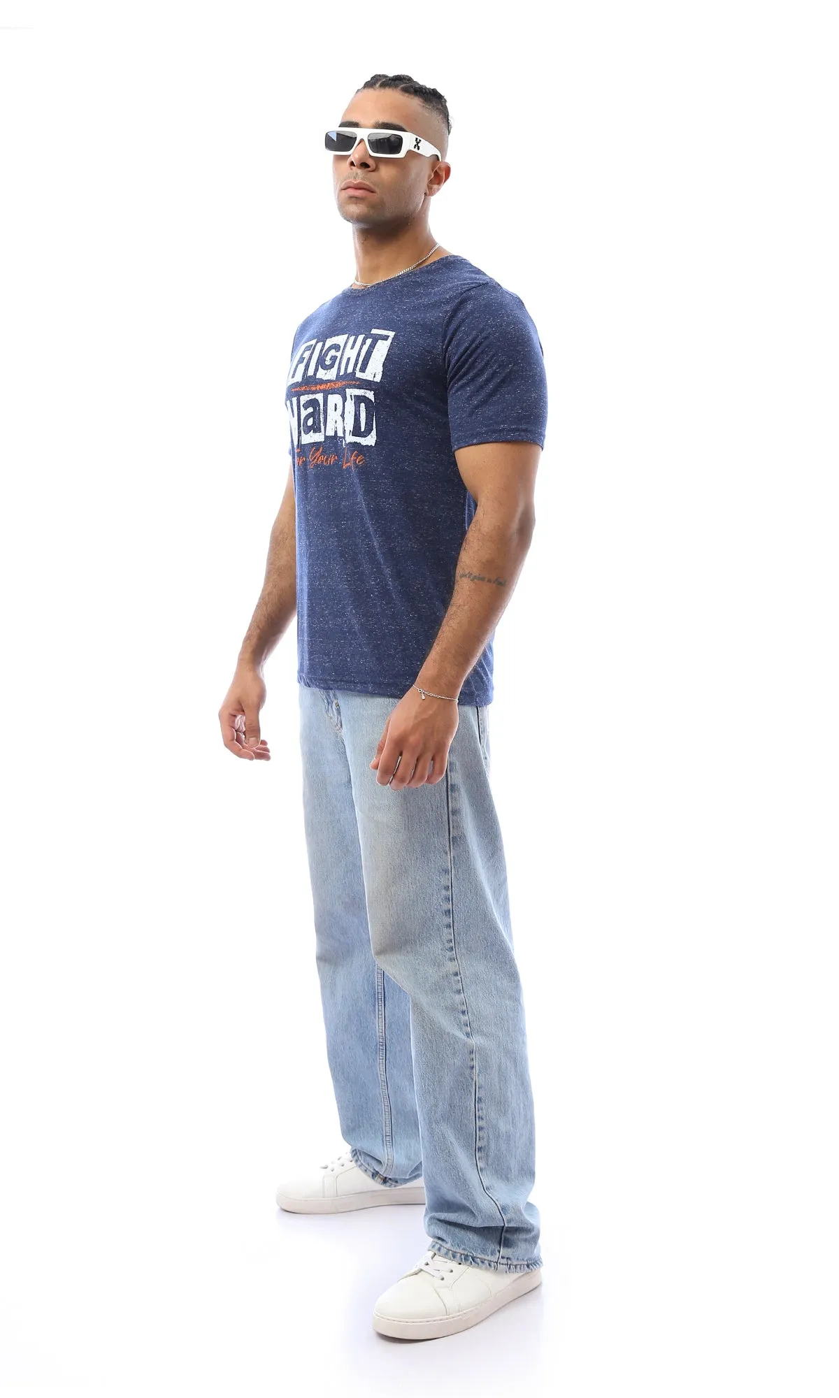 O168115 "Fight Hard" Printed Heather Navy Blue Tee